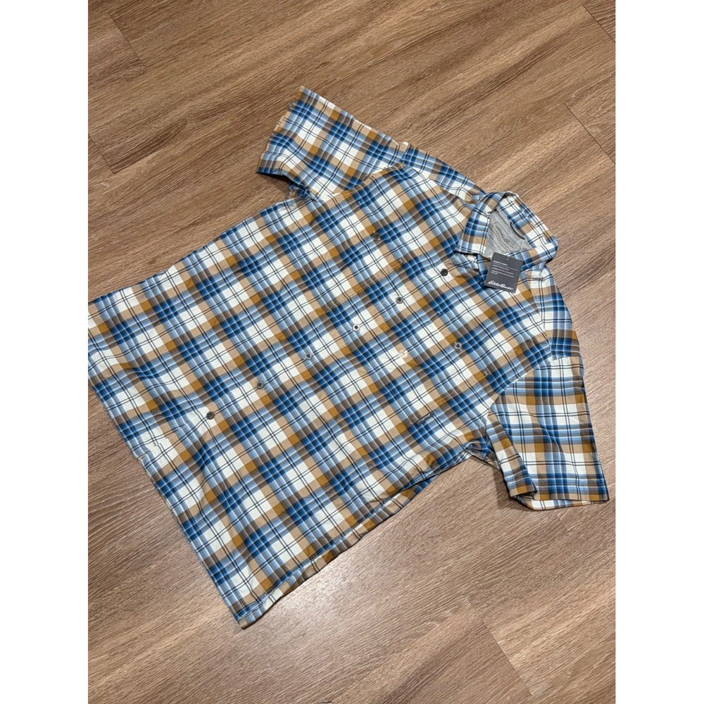 Eddie Bauer Rainier 2.0 Mens Medium Blue Yellow Plaid UPF 50+ Hiking Shirt NWT